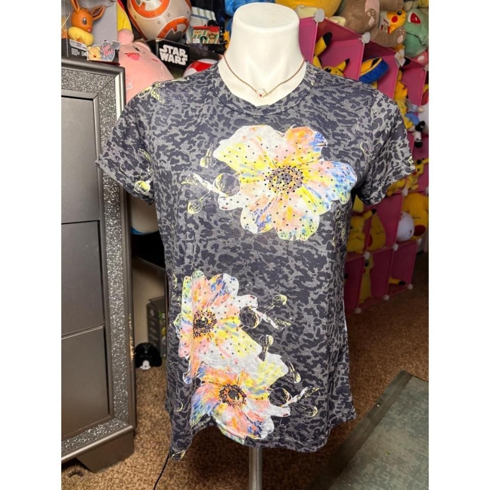 Y2K Passports Womens Grey Leopard Floral Rhinestone Graphic T-Shirt Medium #2